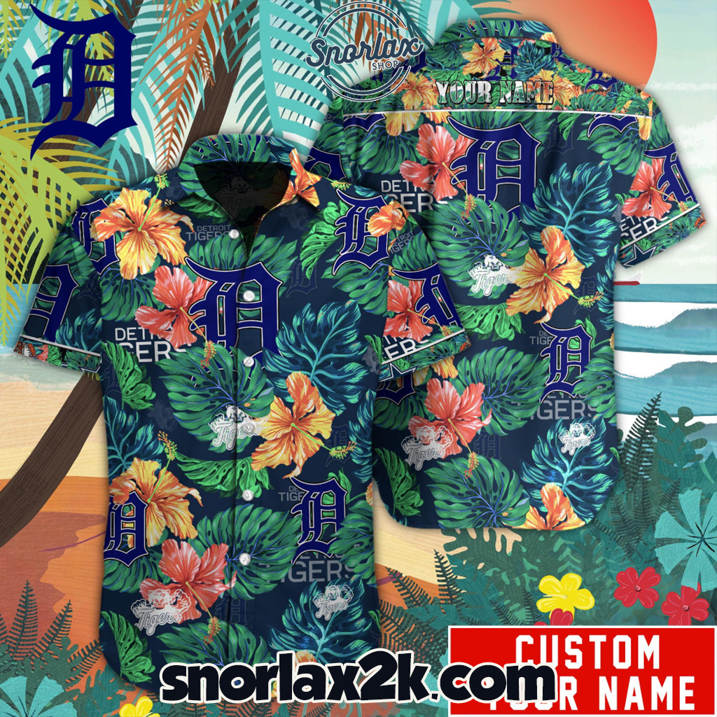 Detroit Tigers MLB Custom Name Tropical Flower And Wave Japan